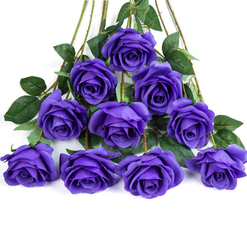 DuHouse 10pcs Fake Roses Artificial Silk Flowers Faux Rose Flower Long Stems Bouquet for Arrangement Wedding Centerpiece Party Home Kitchen Decor(Purple) - Image 1
